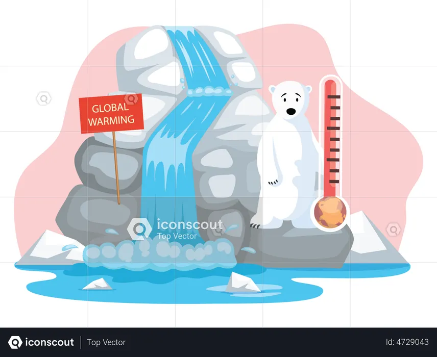Penguins and polar bear floating on iceberg due to global warming  Illustration
