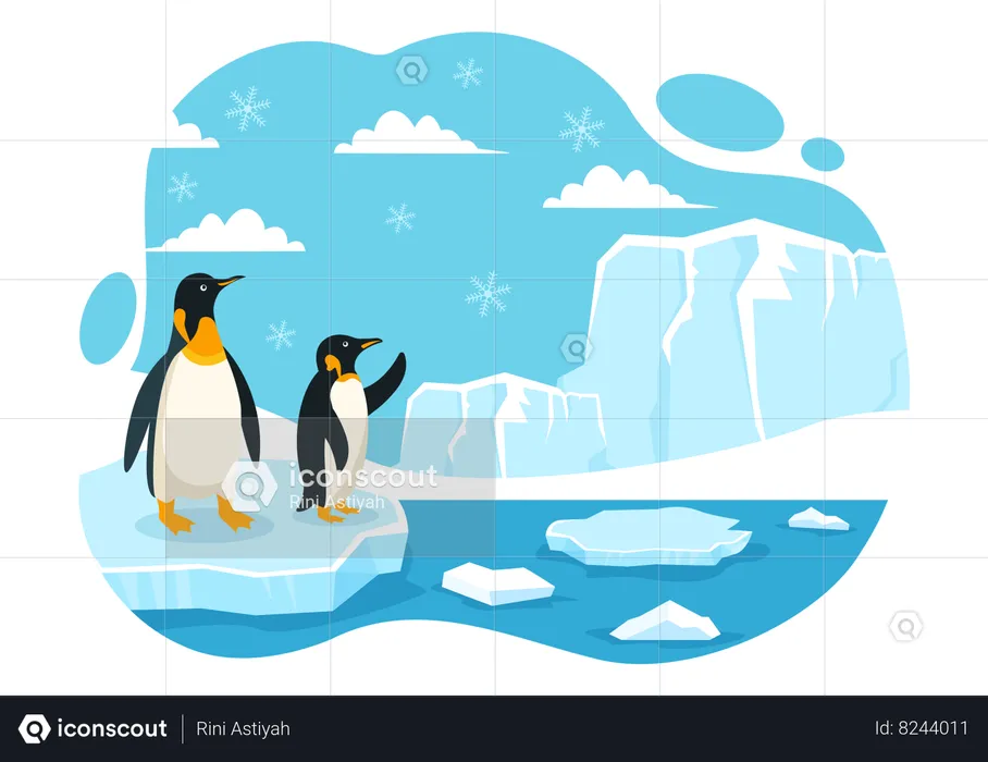 Penguins standing and looking at mountain  Illustration