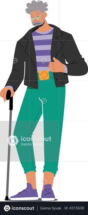 Pensioner with Walking Cane  Illustration