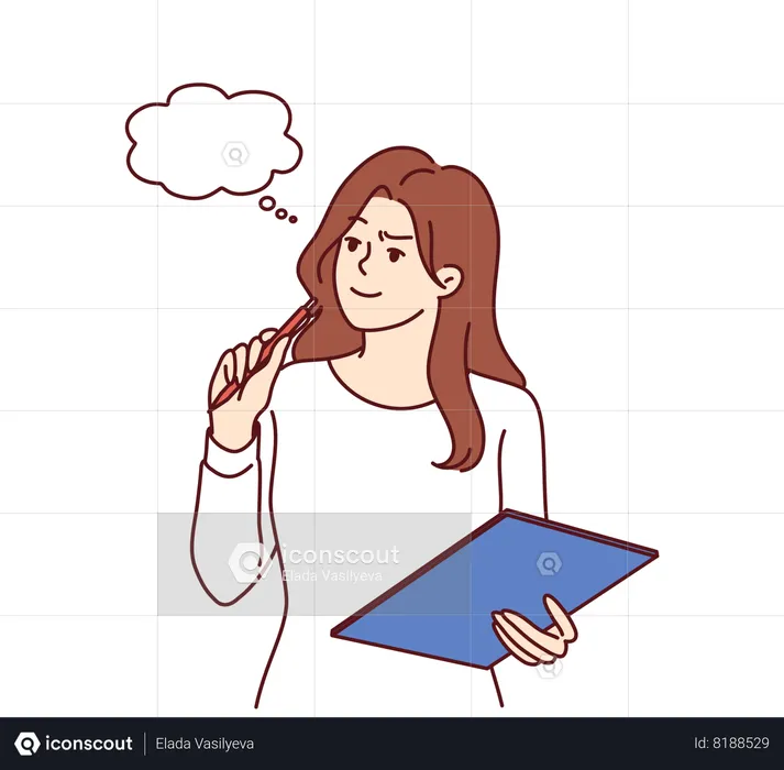 Pensive girl with clipboard makes checklist before going to grocery store  Illustration