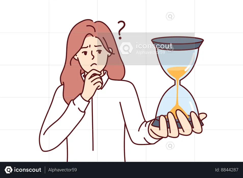 Pensive woman holding hourglass  Illustration