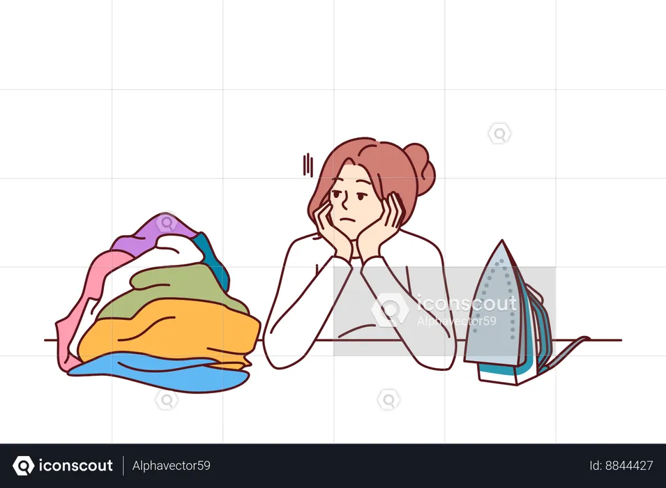 Pensive woman housewife sits near iron  Illustration