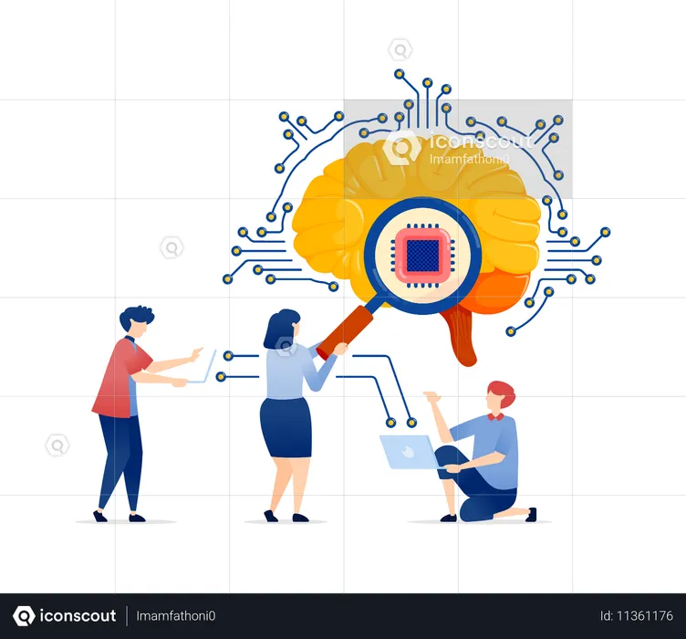 People Accessing an AI Brain Network Using Chip for Data Search  Illustration