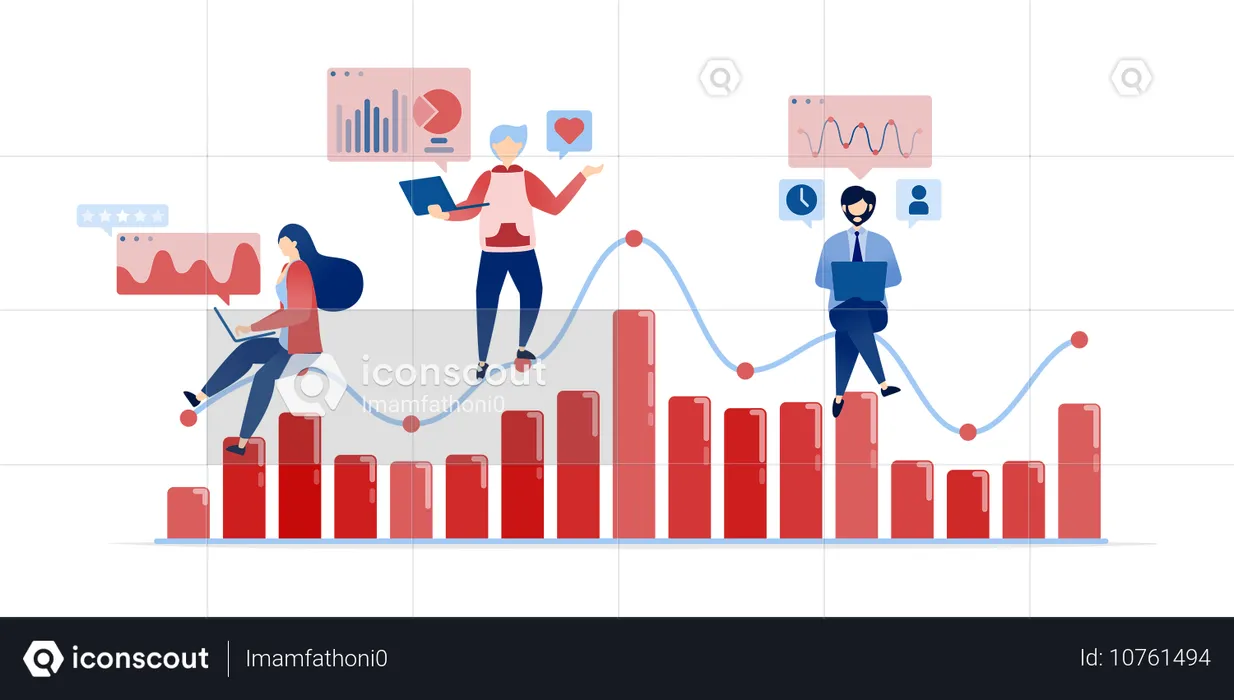 People analyze financial achievements and company performance by working with line and bar charts  Illustration