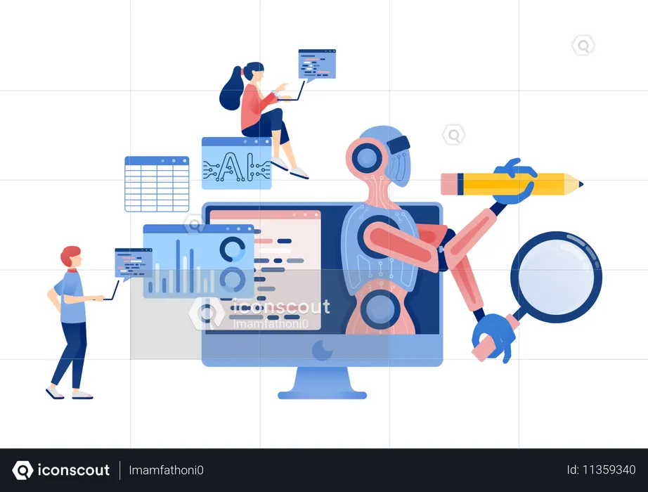 AIロボットとプログラミング支援で会計グラフを分析する人々  イラスト