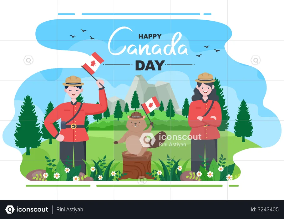 People and squirrel celebrating Canada Day  Illustration