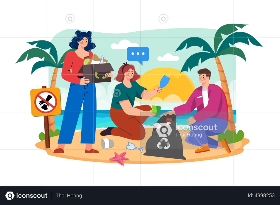 People Are Cleaning Up Trash On The Beach  Illustration