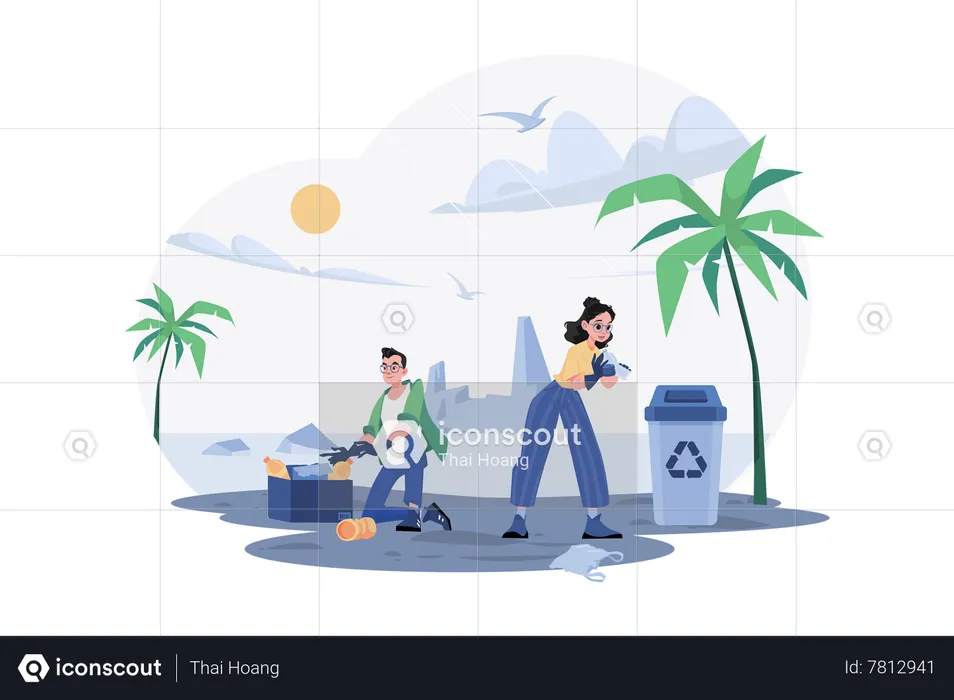 People Are Cleaning Up Trash On The Beach  Illustration