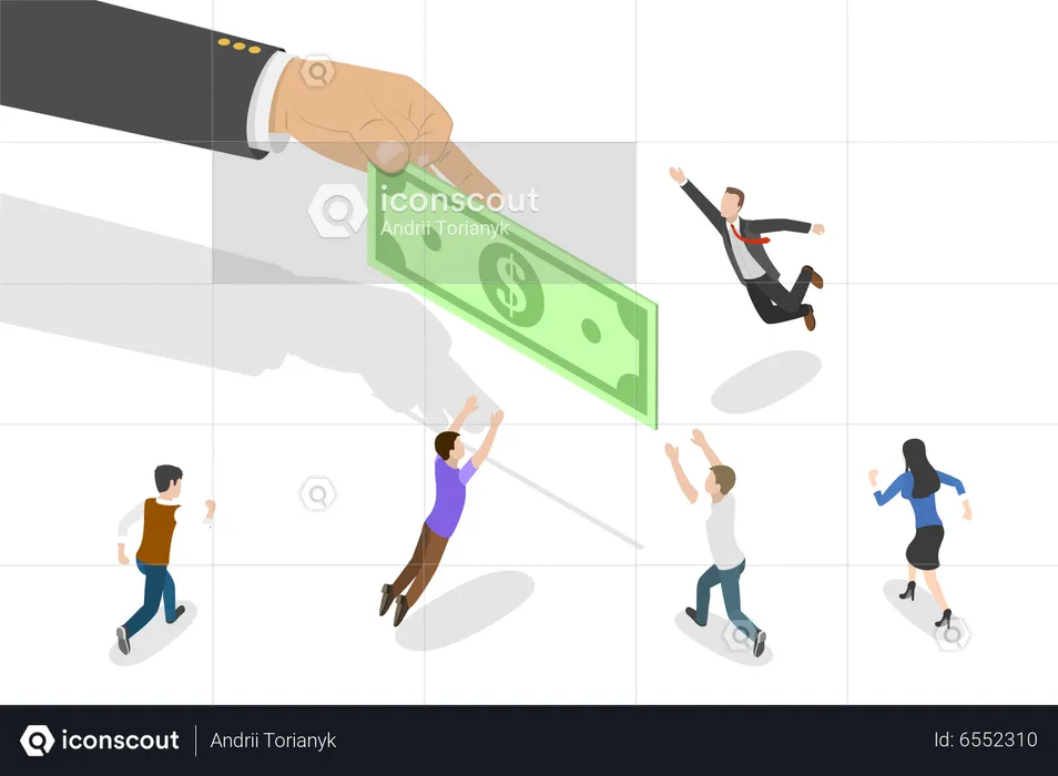 People are Fighting for the Banknote Giving Them by a Big Hand  Illustration