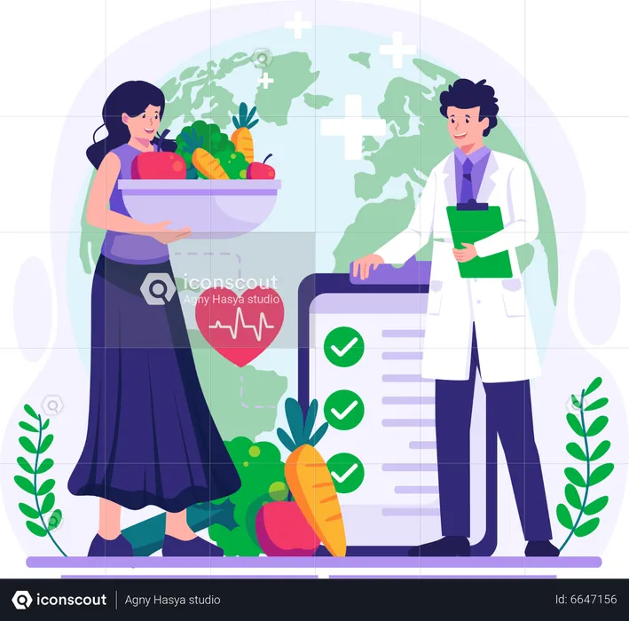 People are maintaining a healthy lifestyle with fruits and vegetables  Illustration
