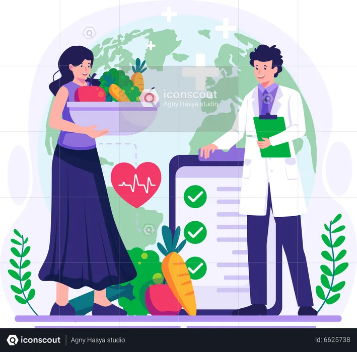 People are maintaining healthy lifestyle with fruits and vegetables  Illustration
