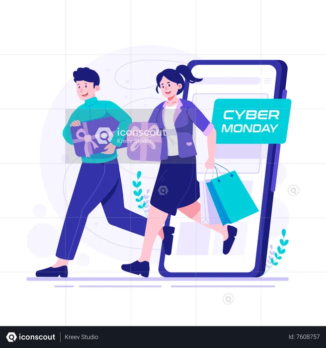 People are running for discounts on cyber monday  Illustration