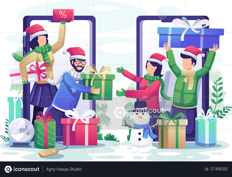 People are sharing Christmas gifts with each other via smartphones  Illustration
