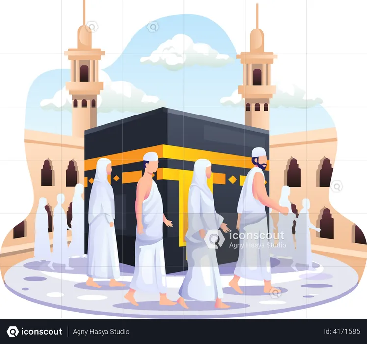 People are walking around the Kaaba  Illustration