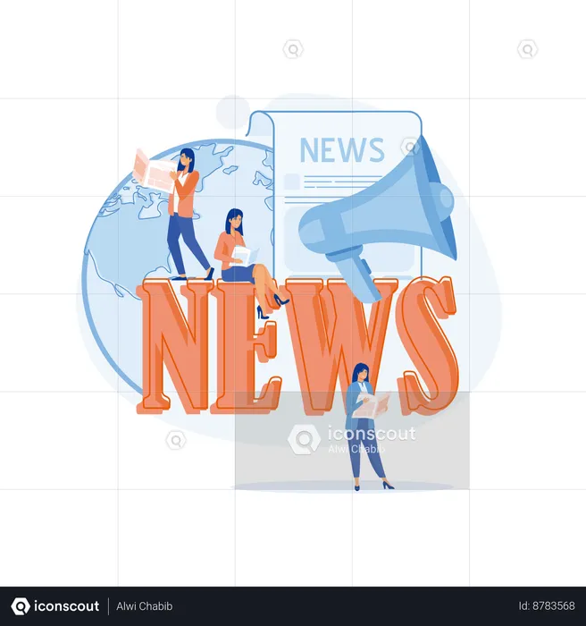 People around news sign sitting and reading newspapers  Illustration