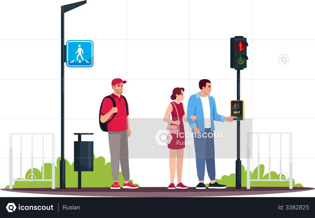 People at crosswalk with wait traffic button  Illustration