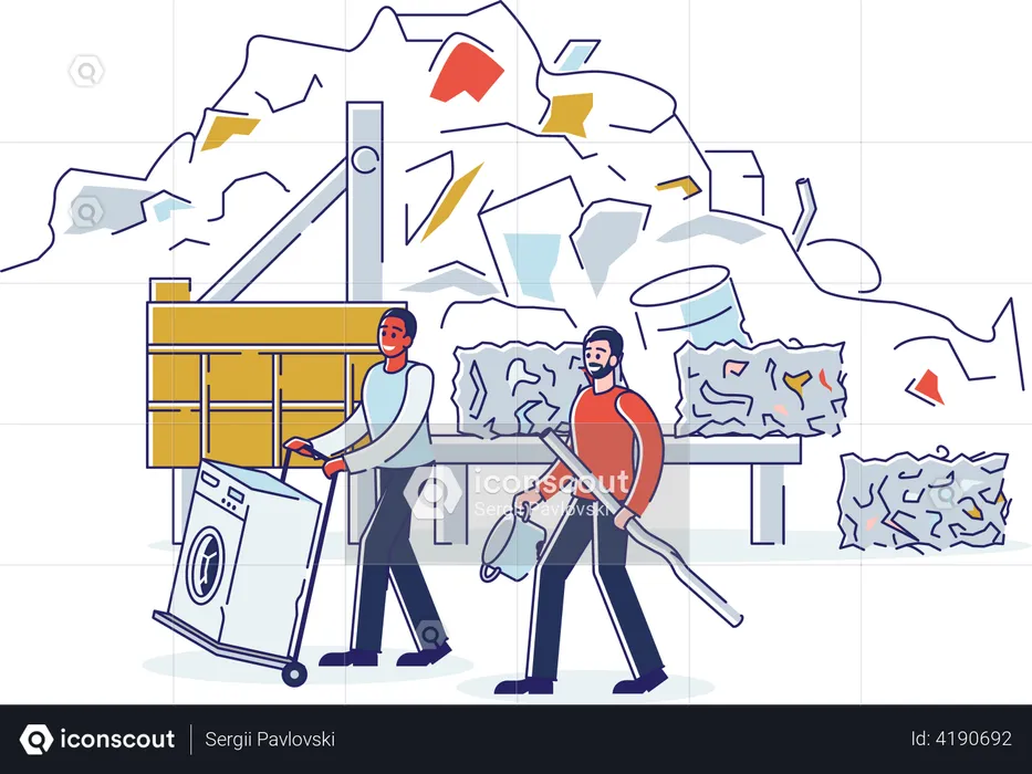 People Bring Old Metal Things And Broken Washing Machine On Cart to Metal Recycling Plant  Illustration