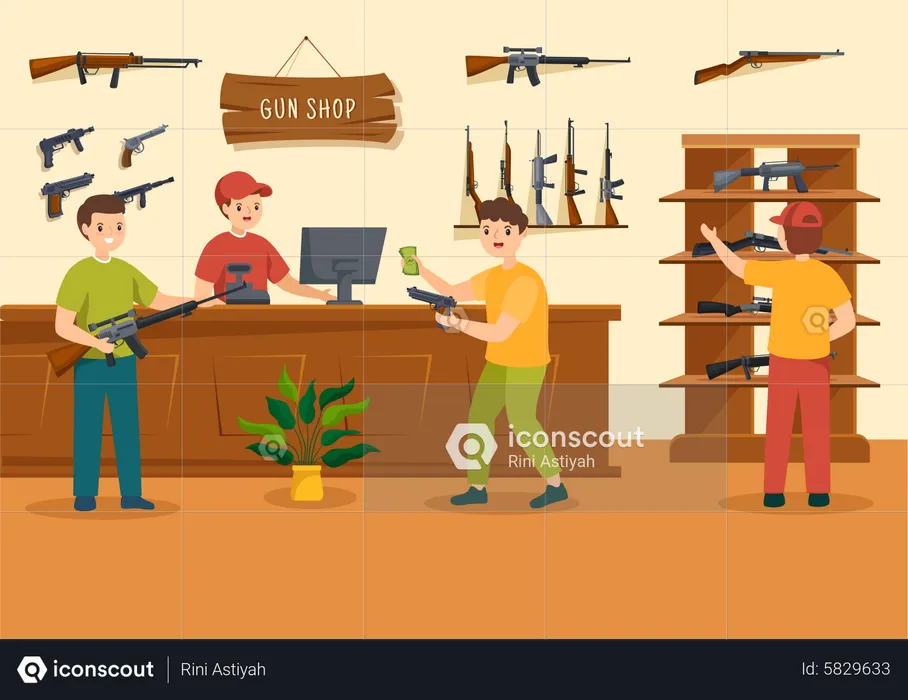 People buy gun for hunting at gun shop  Illustration