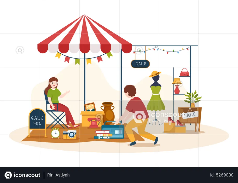 People buying antiques from flea market  Illustration