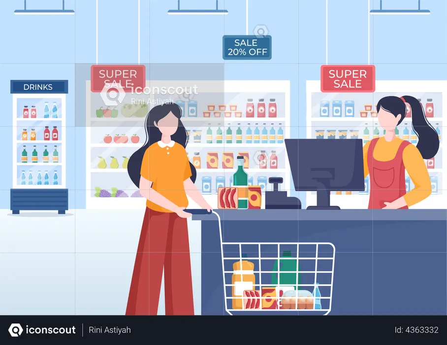 People buying goods in supermarket  Illustration