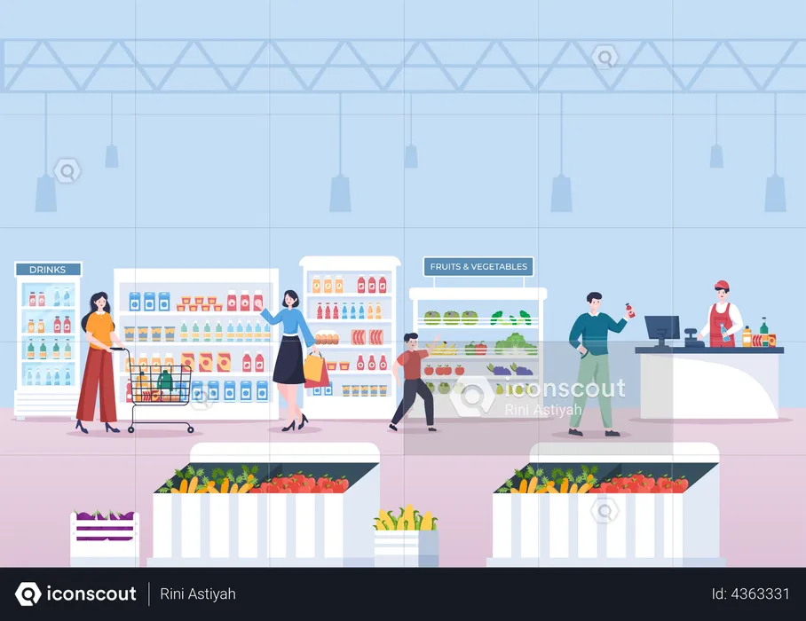 People buying grocery in supermarket  Illustration