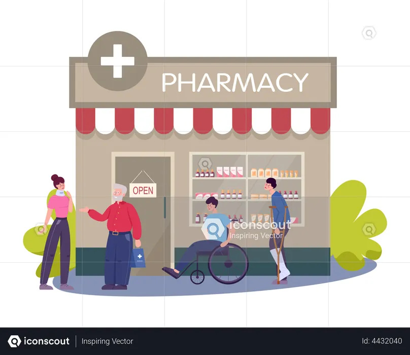 People buying medicine from Pharmacy Shop  Illustration