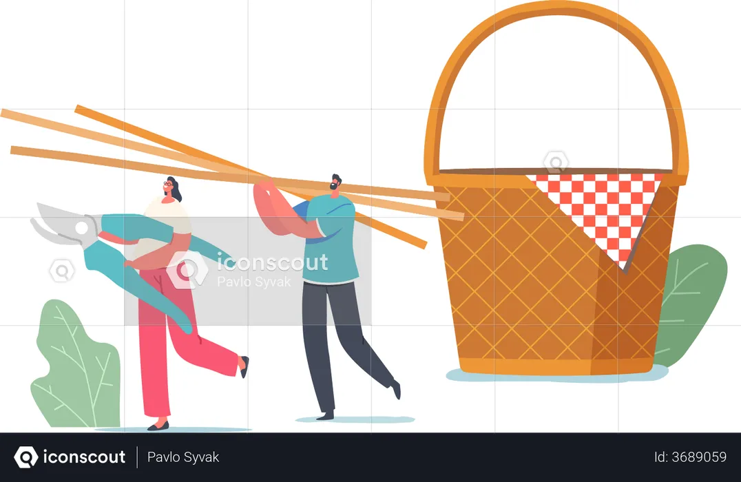 People Carry Straw Weaving Picnic Basket  Illustration