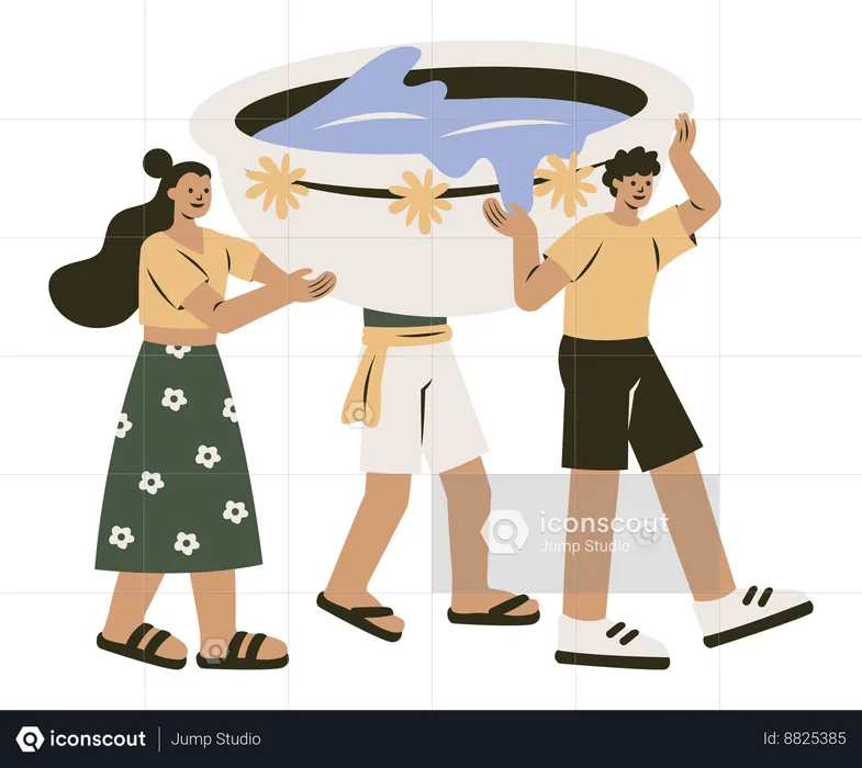 People Carrying Water Bowl to Celebrate Songkran Day  Illustration