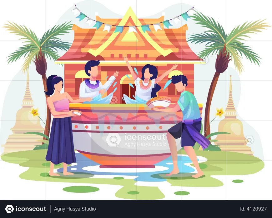 People celebrate Thailand traditional new year by splashing water  Illustration