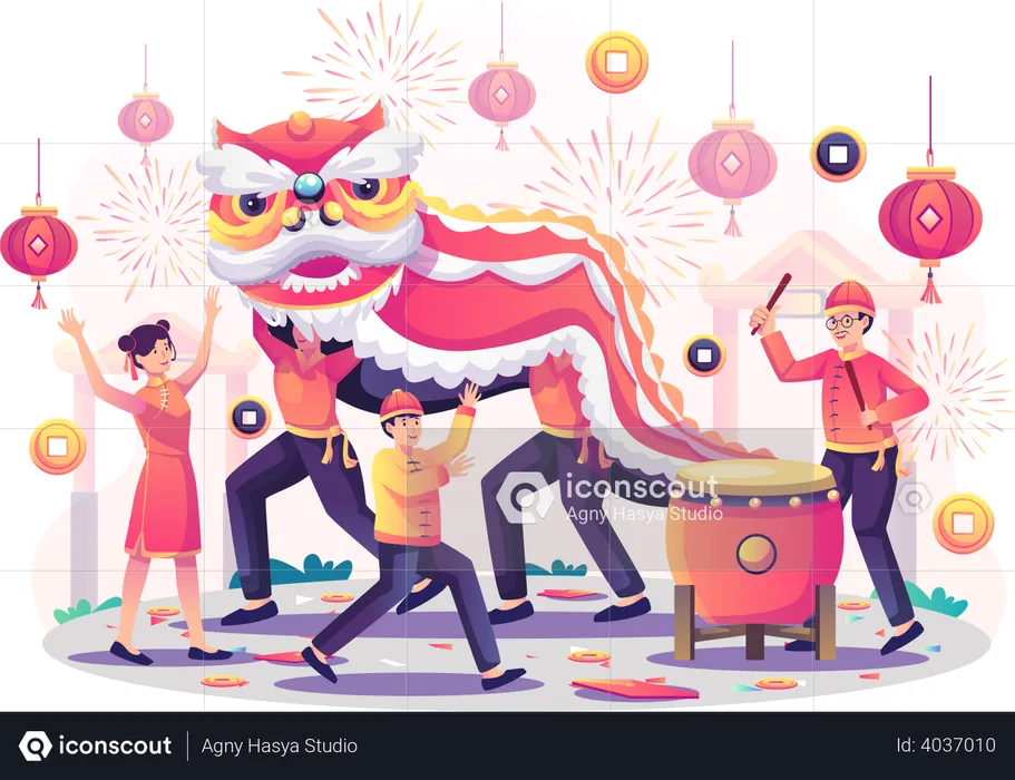 People celebrating Chinese new year  Illustration