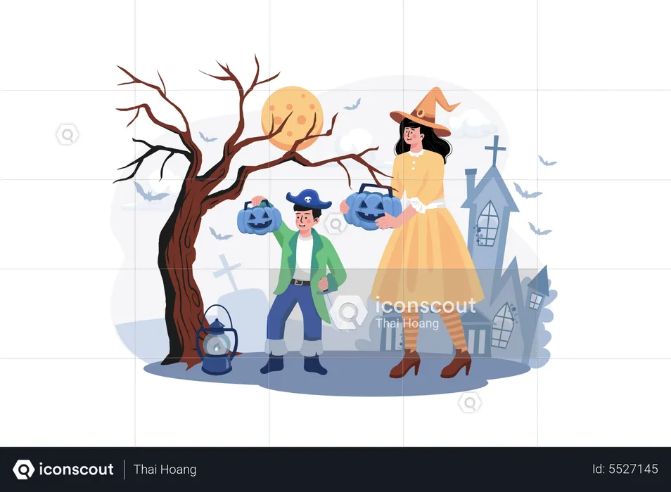 People celebrating Halloween  Illustration