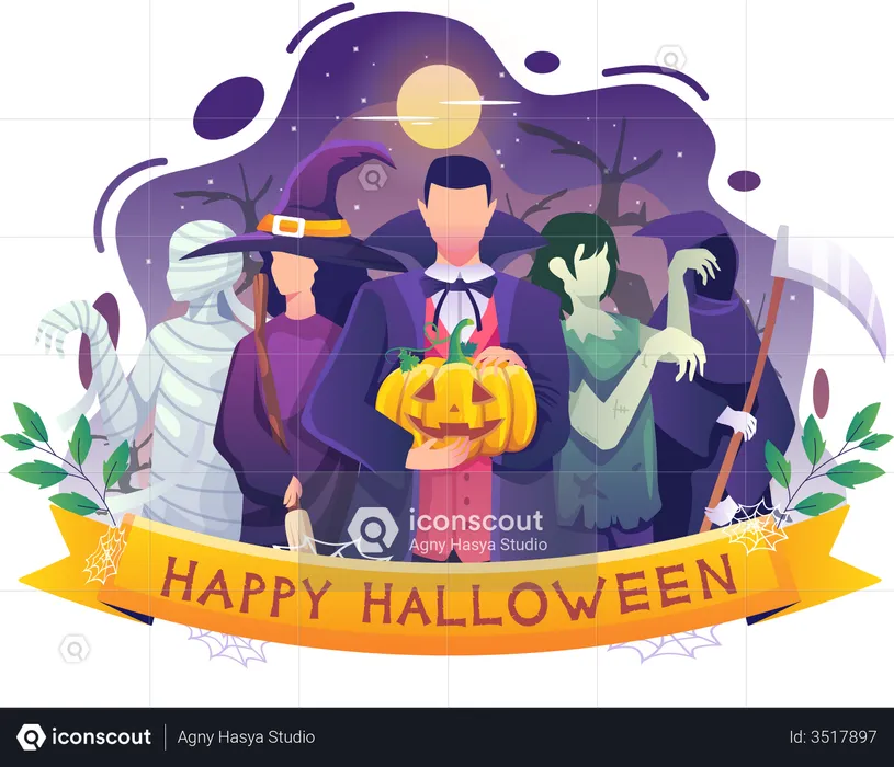 People celebrating Halloween in vampire costume  Illustration