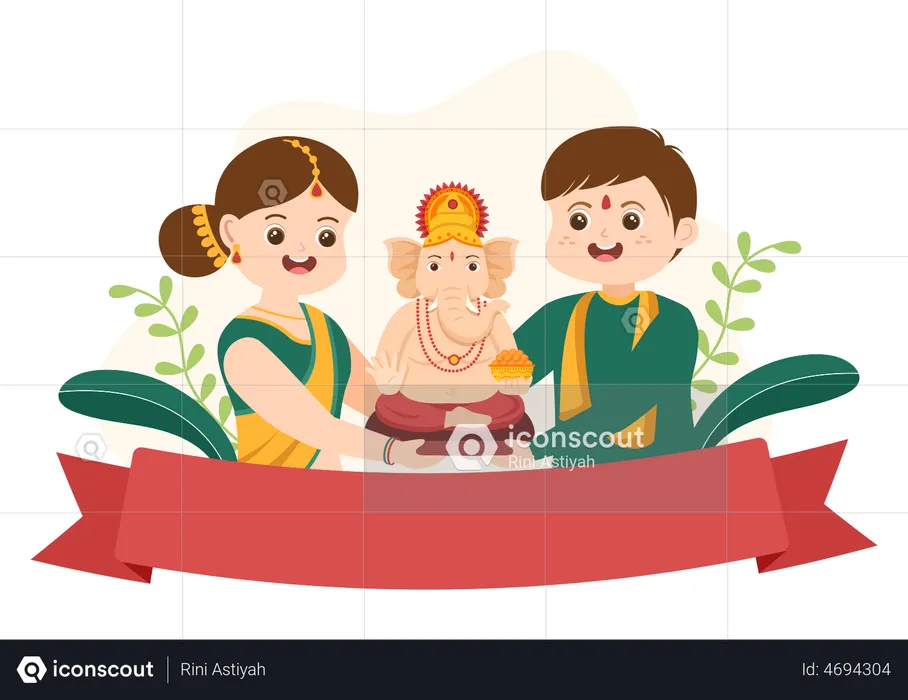 People celebrating Happy Ganesh Chaturthi  Illustration