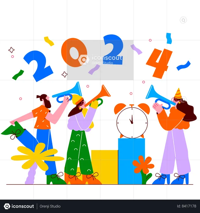 People celebrating near countdown clock  Illustration