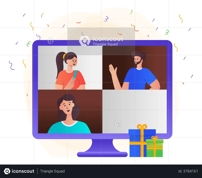 People Celebrating New Year Online  Illustration
