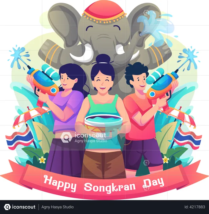People celebrating Songkran Festival  Illustration