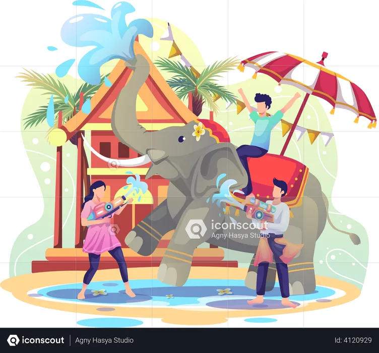 People celebrating Songkran festival by playing water with elephant  Illustration