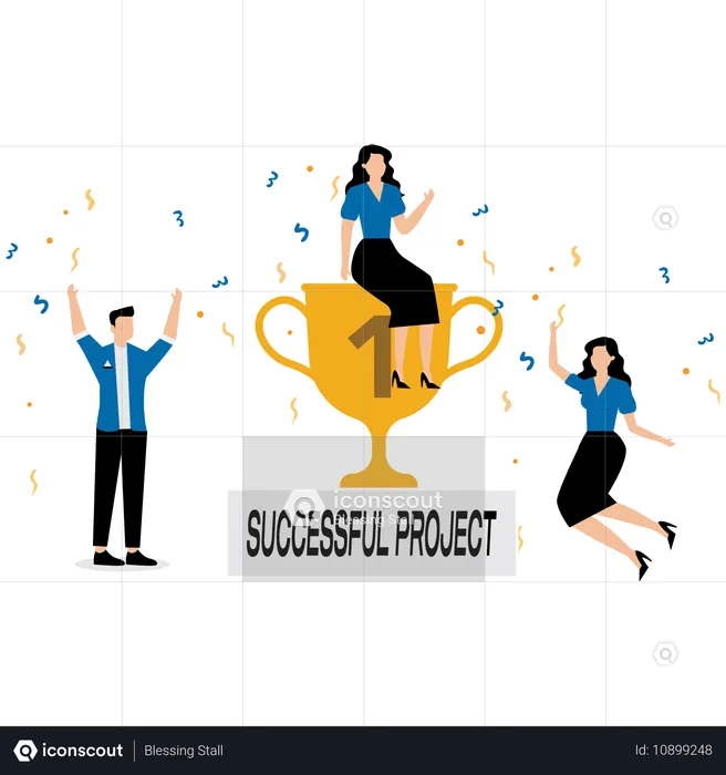 People celebrating successful project milestone with trophy  Illustration