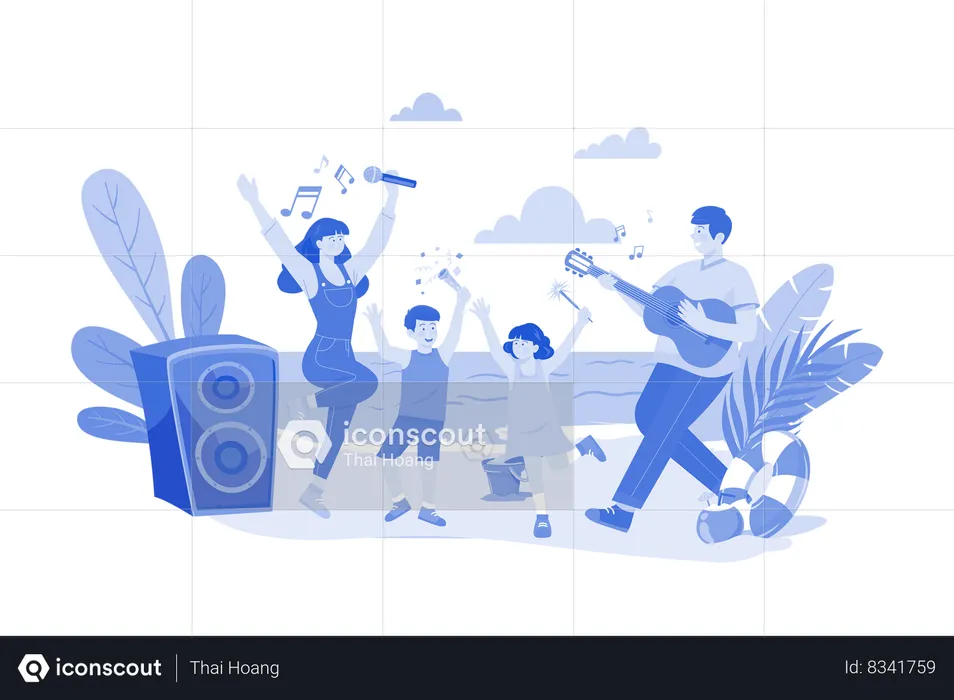 People Celebrating Summer Day At The Beach  Illustration
