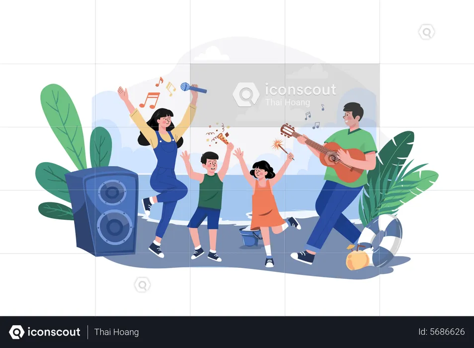 People celebrating summer day at the beach  Illustration