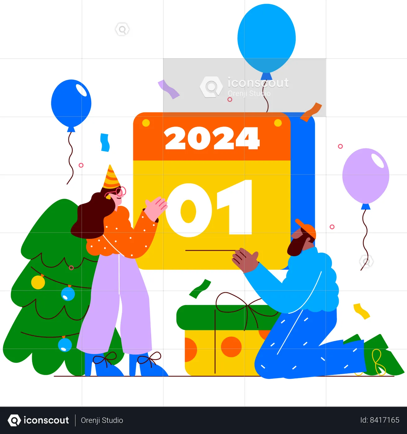 People Changing Old Calendar To New Year Calendar 2024 Illustration