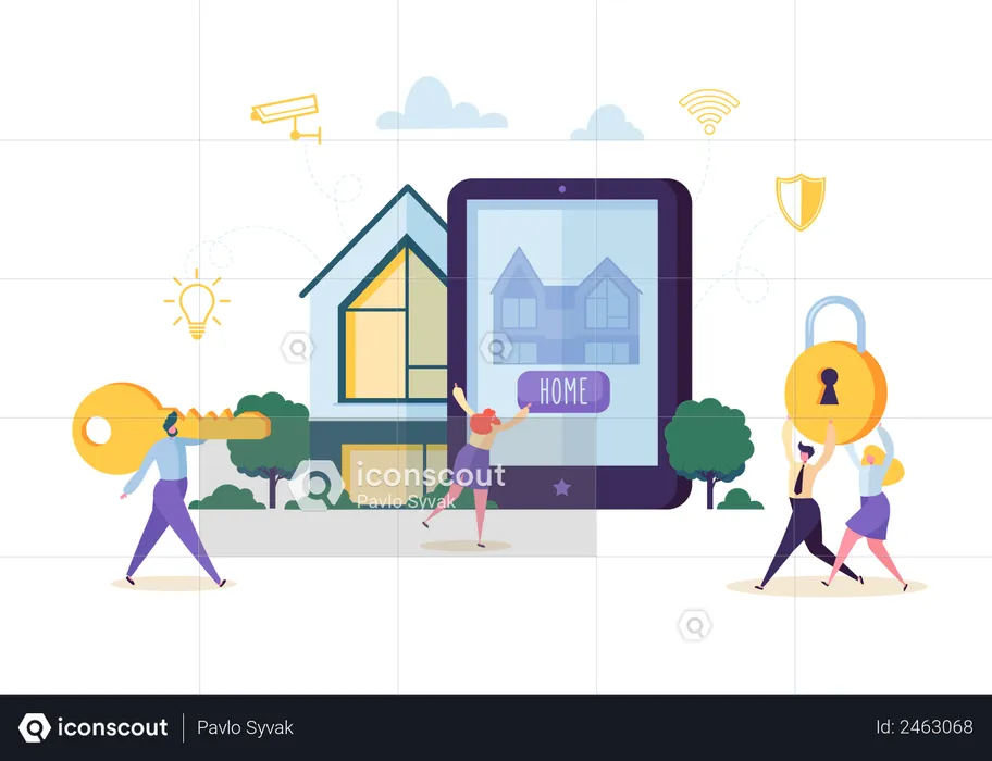 People Characters Controlling Home Security and Power Energy with Mobile Application on Tablet  Illustration