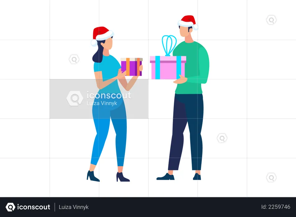 People Characters in Santa Claus Hats Exchanging gifts  Illustration