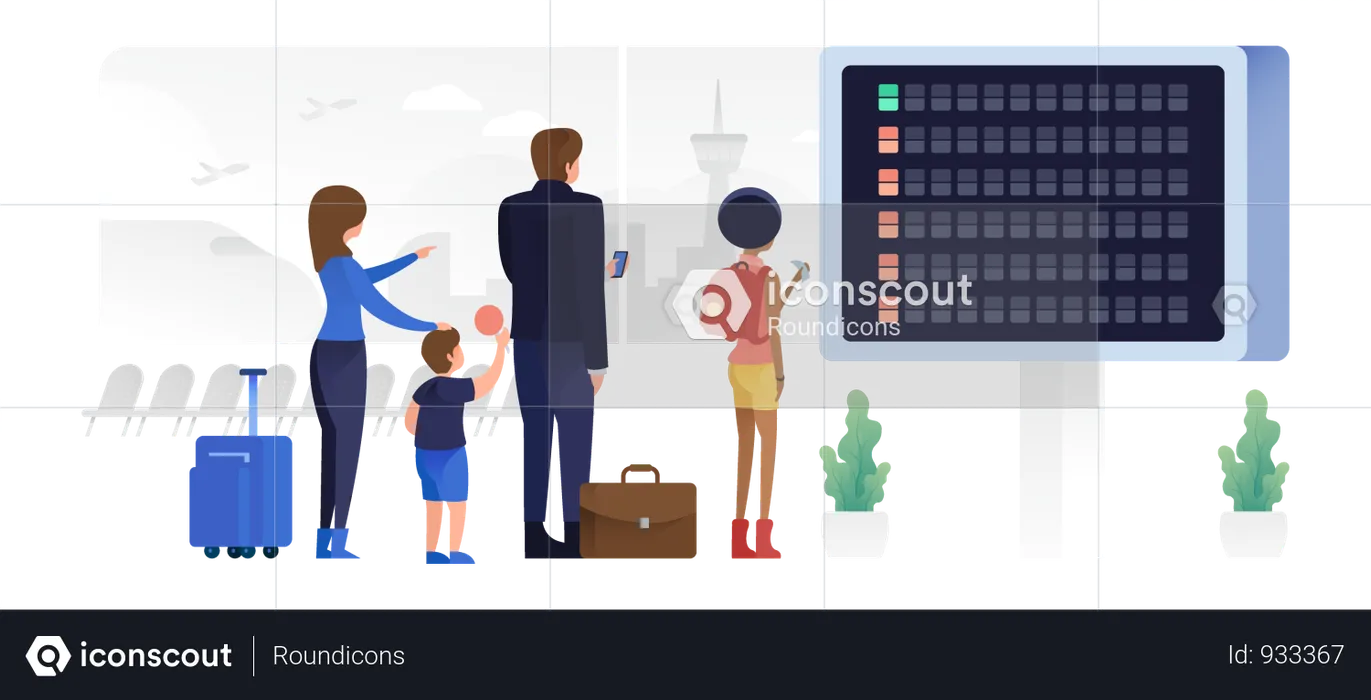 People Checking Departure Board Waiting For Their Flight  Illustration