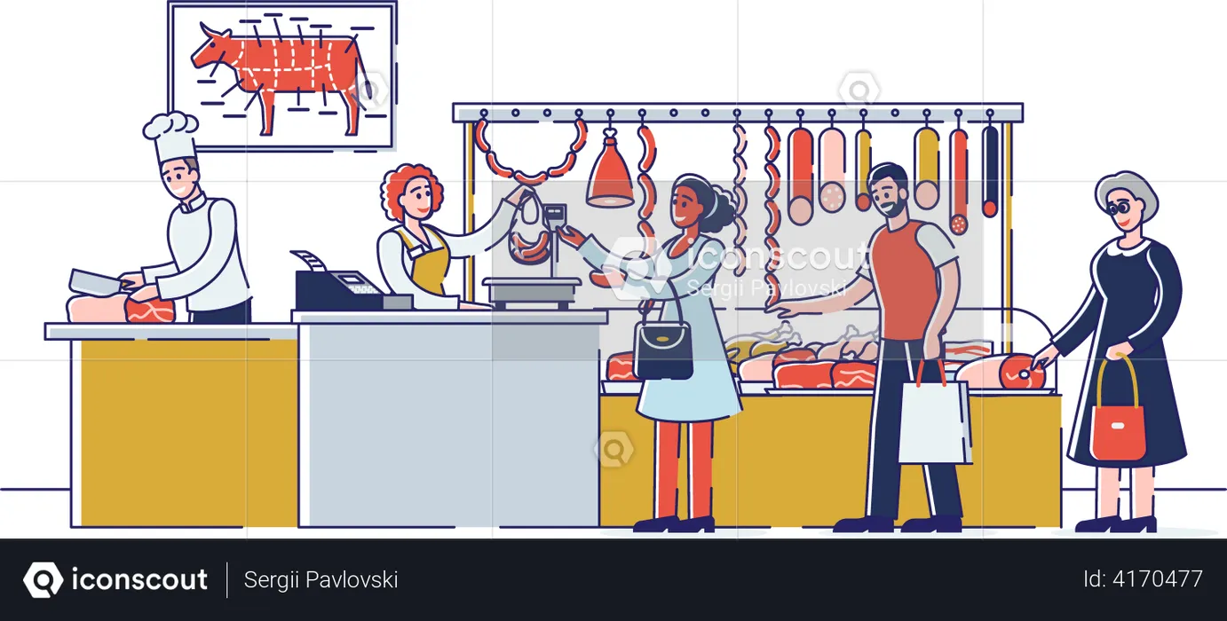People Choosing And Buying Meat And Meat Products  Illustration