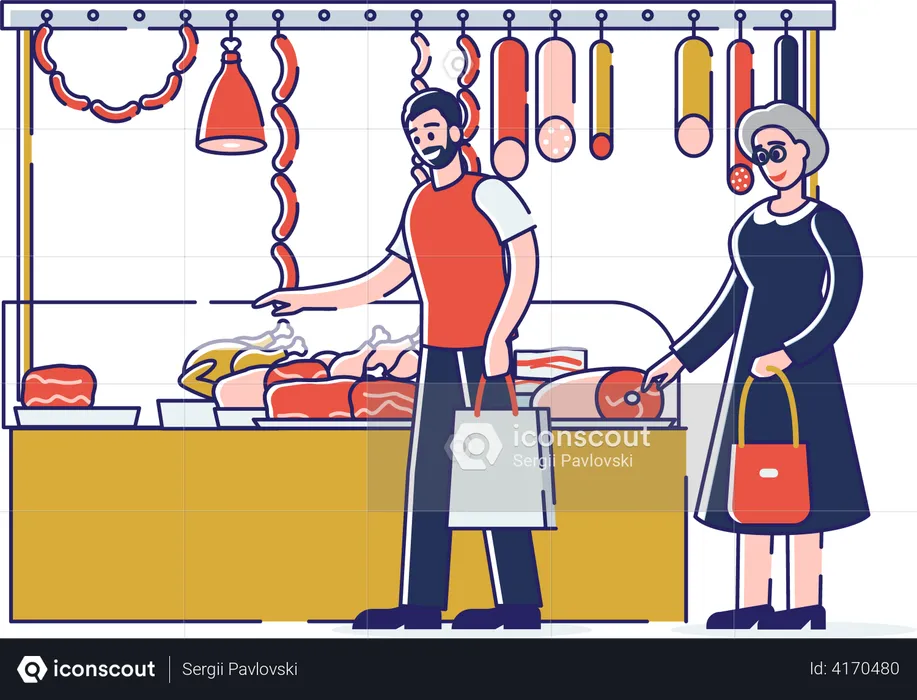 People Choosing And Buying Meat and Standing In Queue  Illustration