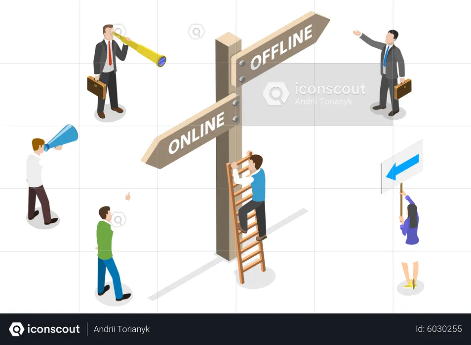 People choosing online or offline path  Illustration