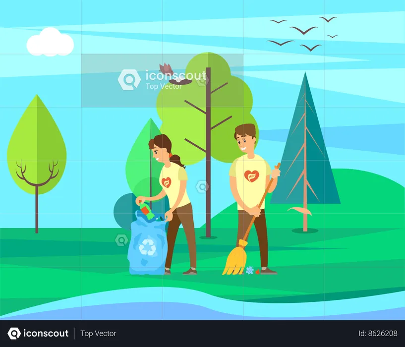 People cleaning garbage in city park area  Illustration