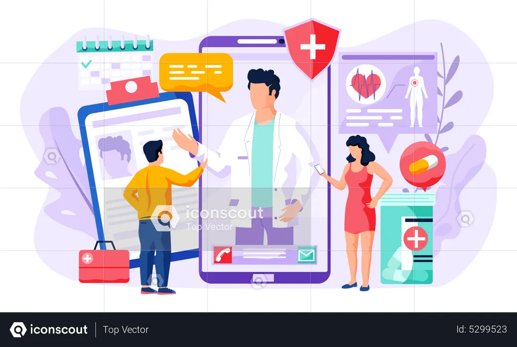 People communicate with the doctor remotely medical application  Illustration
