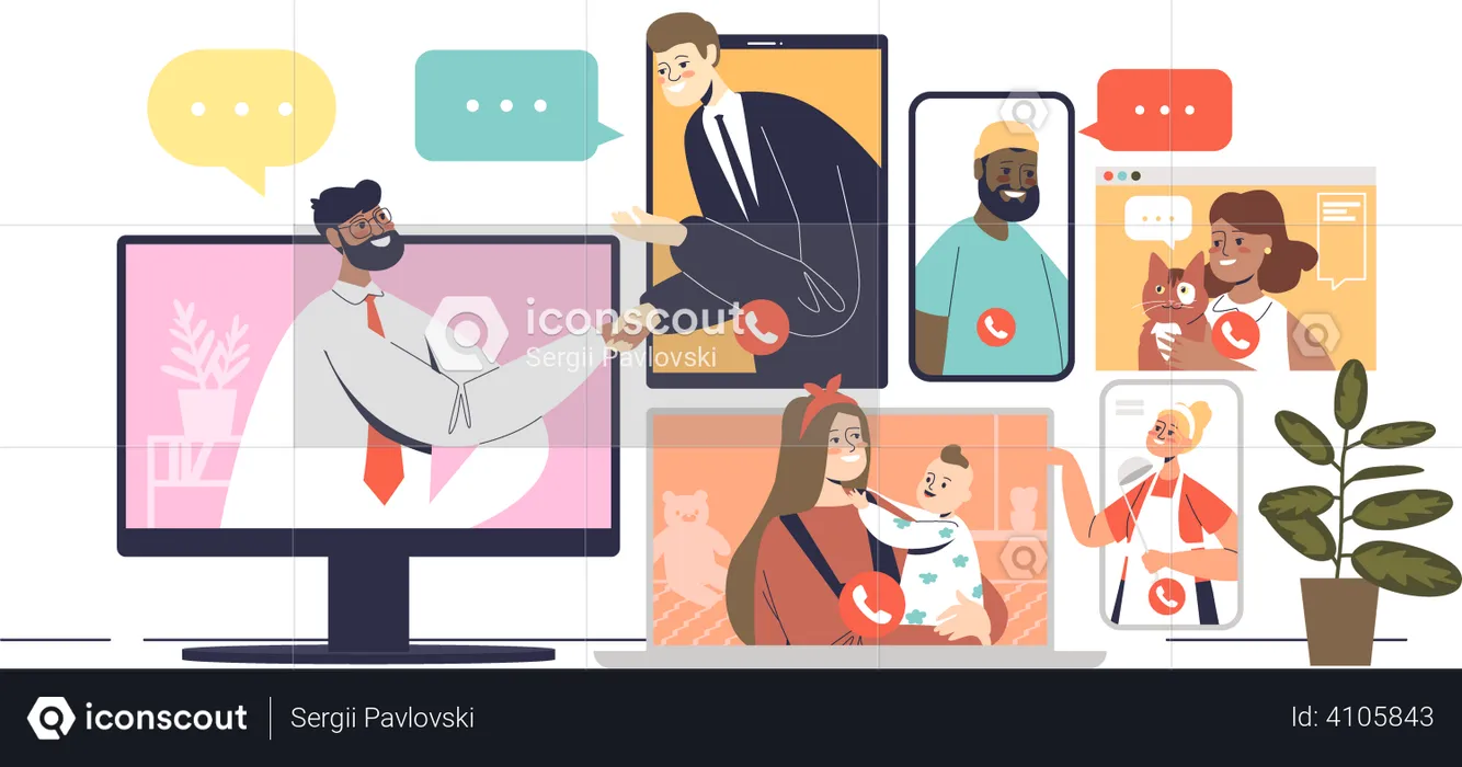 People communicating via online video conference  Illustration